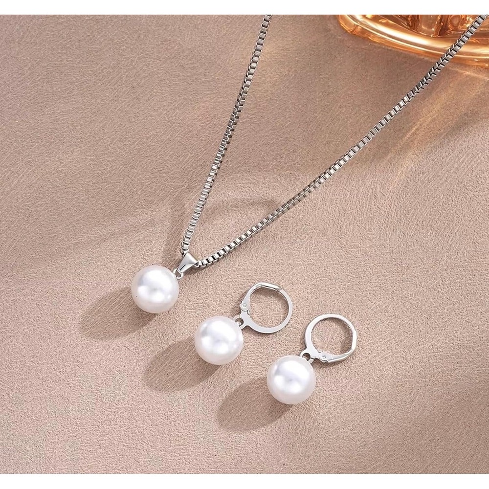 Mont Bleu Silver Tone Faux Pearl Necklace and Lever Back Earring Jewelry Set